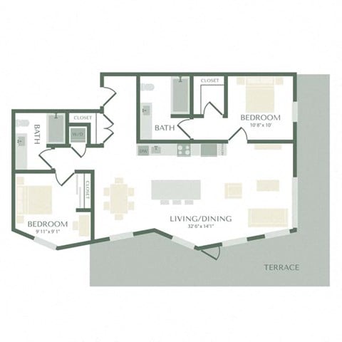 Floor plan for 2 beds, 2 baths, 1180 sqft